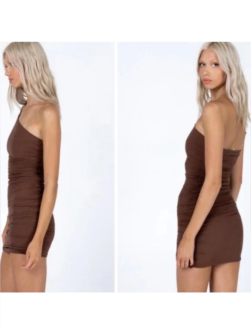 Princess Polly Reece One-Shoulder Ruched Brown Mini Dress - Picture 2 of 8